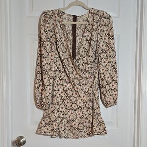 Altar'd State Brown White Daisy Floral Faux Wrap Ruffled Dress Size Small